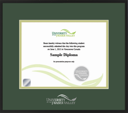 Satin black metal diploma frame with silver embossed UFV logo